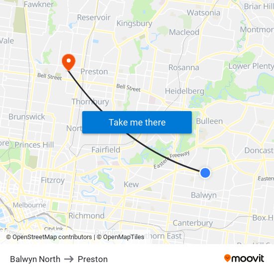 Balwyn North to Preston map