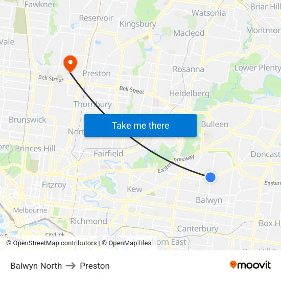 Balwyn North to Preston map