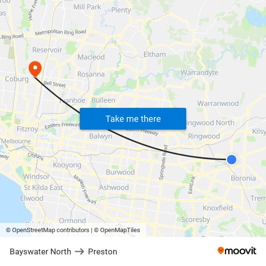 Bayswater North to Preston map