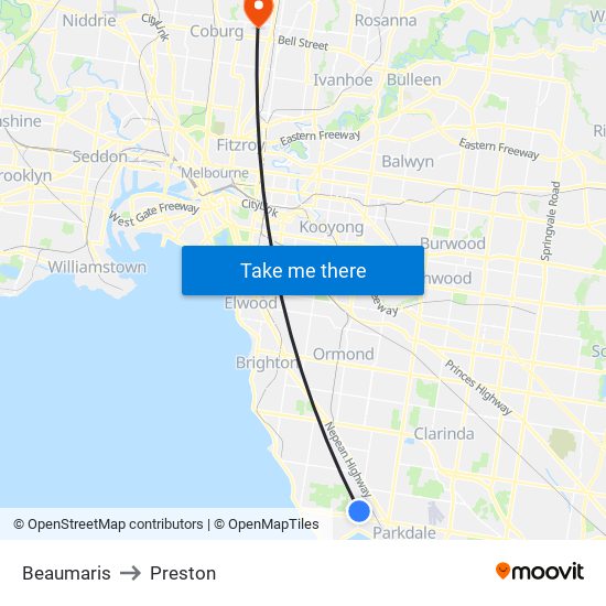 Beaumaris to Preston map