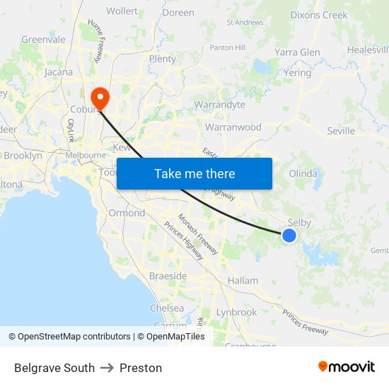 Belgrave South to Preston map