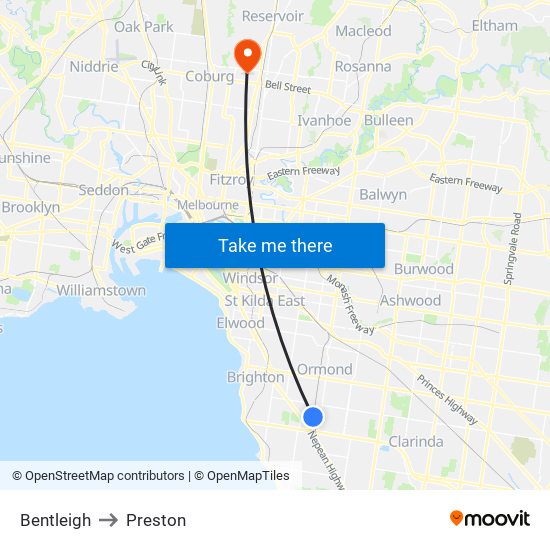 Bentleigh to Preston map