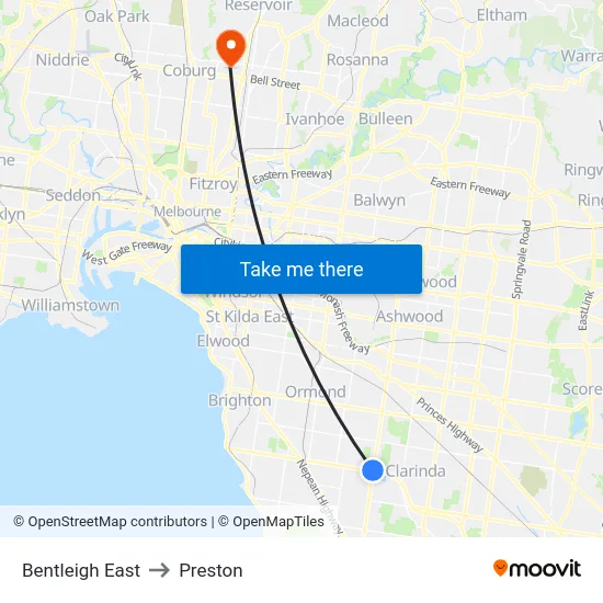 Bentleigh East to Preston map