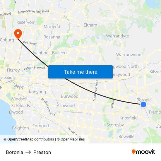 Boronia to Preston map