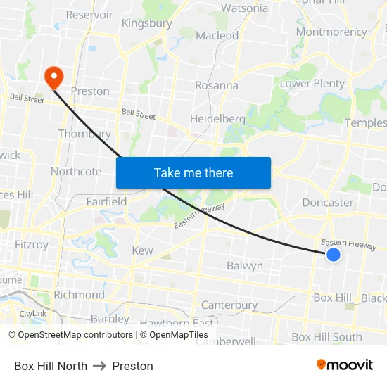 Box Hill North to Preston map