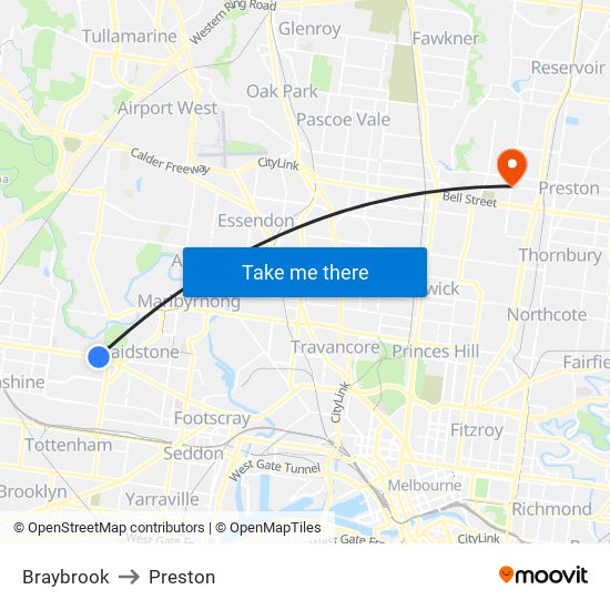 Braybrook to Preston map