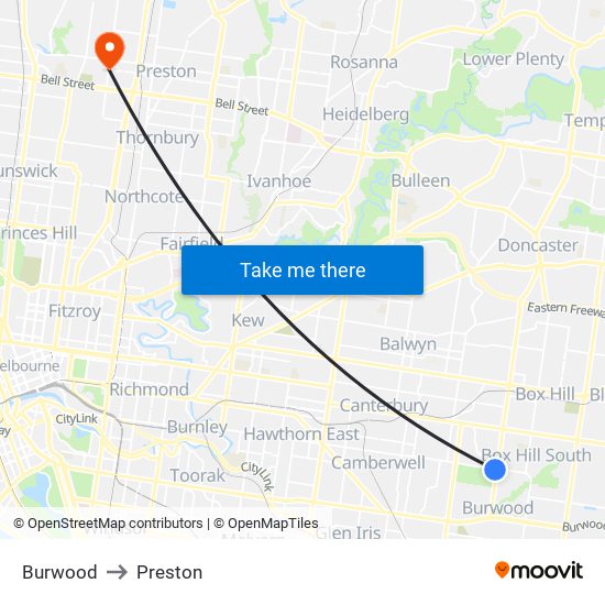 Burwood to Preston map