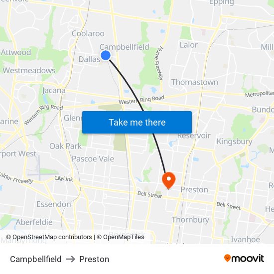 Campbellfield to Preston map