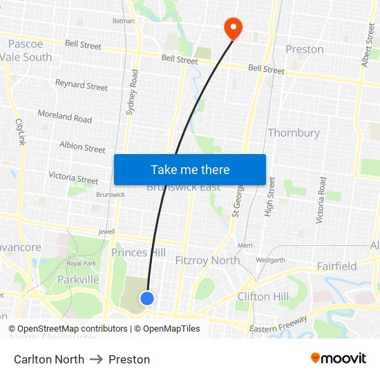 Carlton North to Preston map