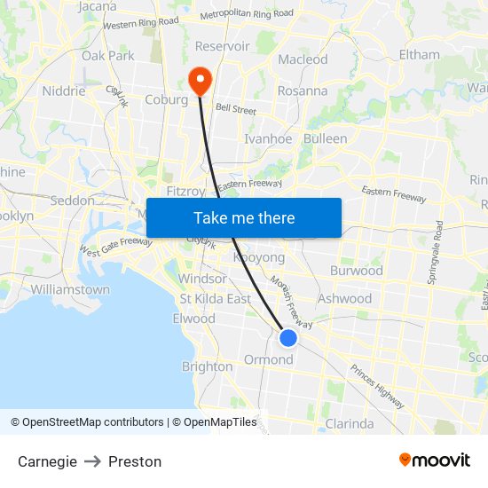 Carnegie to Preston map