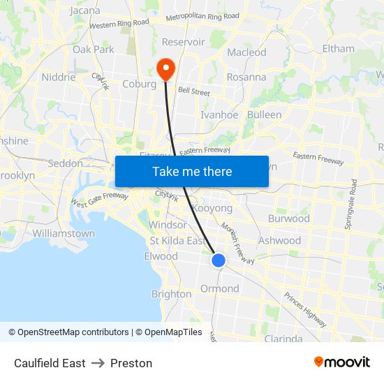 Caulfield East to Preston map