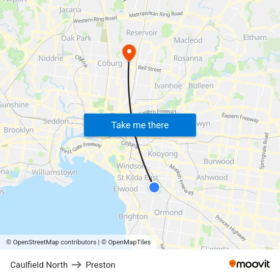 Caulfield North to Preston map