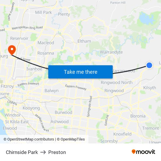 Chirnside Park to Preston map