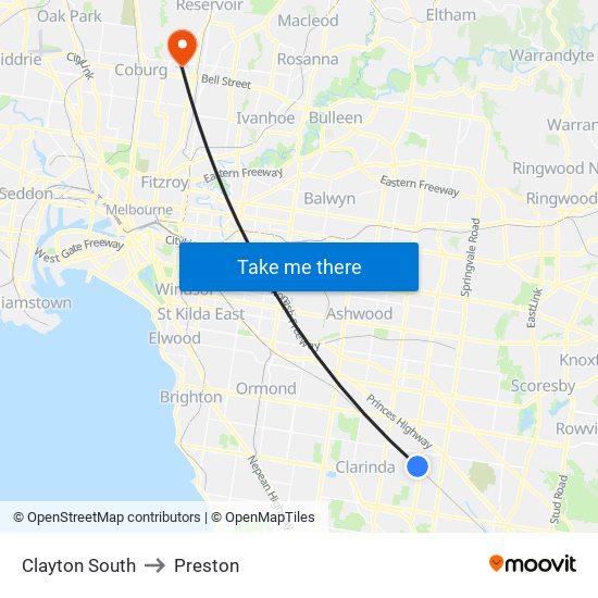 Clayton South to Preston map