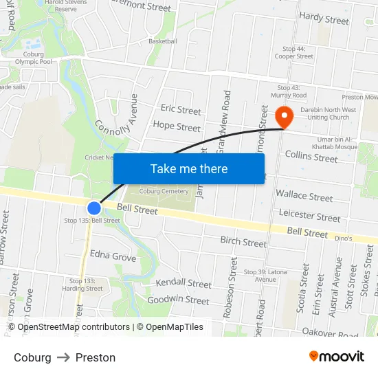 Coburg to Preston map