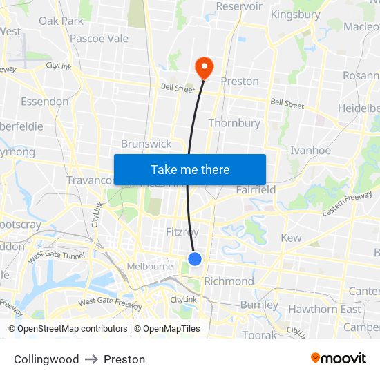 Collingwood to Preston map