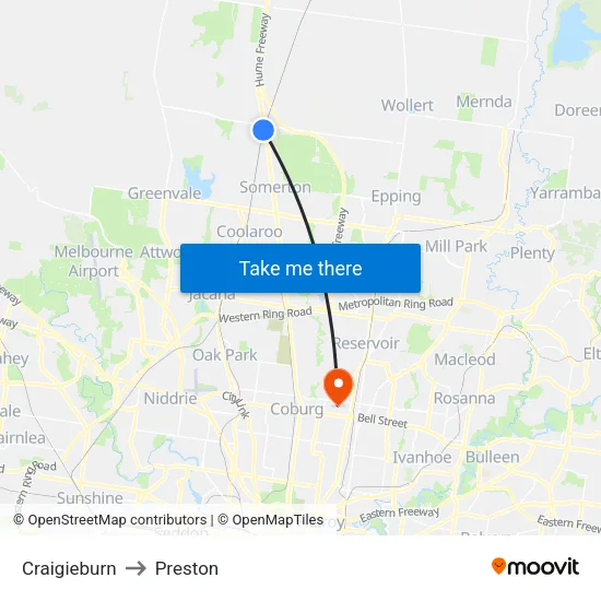 Craigieburn to Preston map