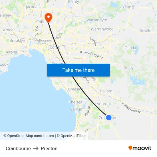 Cranbourne to Preston map