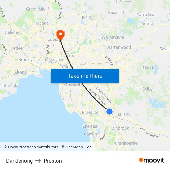 Dandenong to Preston map