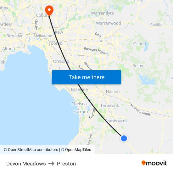 Devon Meadows to Preston map