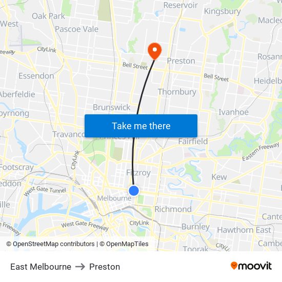 East Melbourne to Preston map