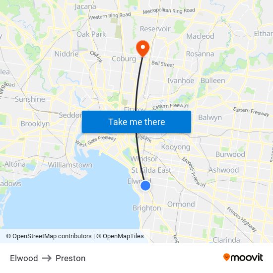 Elwood to Preston map