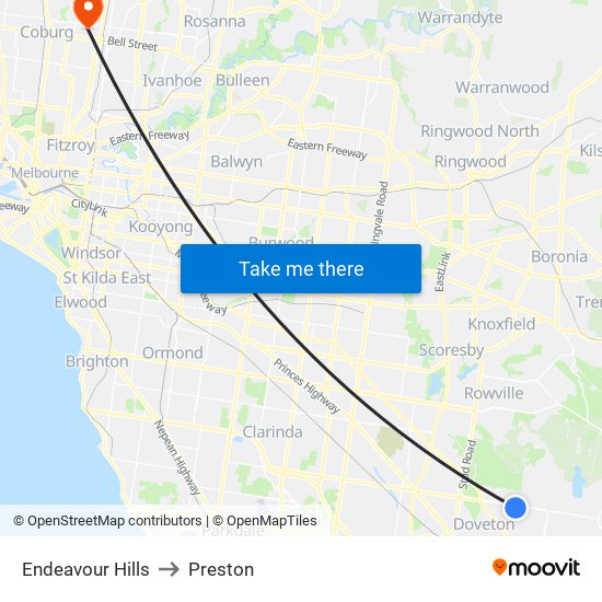 Endeavour Hills to Preston map