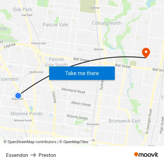 Essendon to Preston map