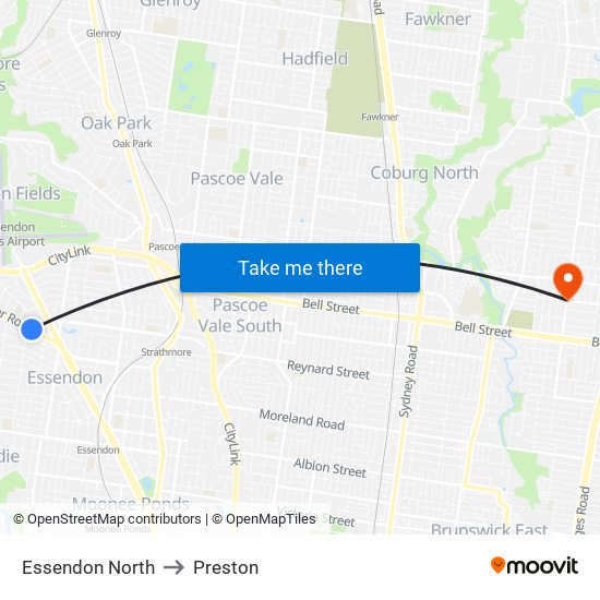 Essendon North to Preston map