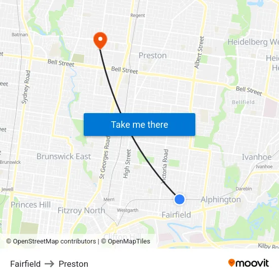 Fairfield to Preston map