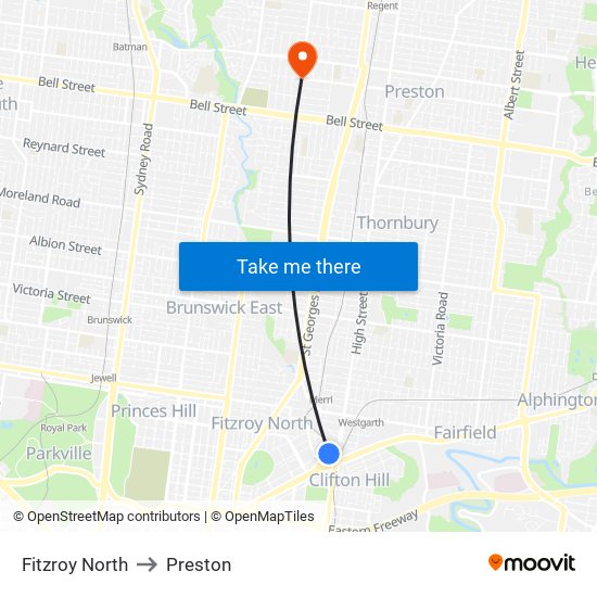 Fitzroy North to Preston map