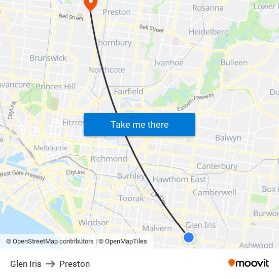 Glen Iris to Preston map