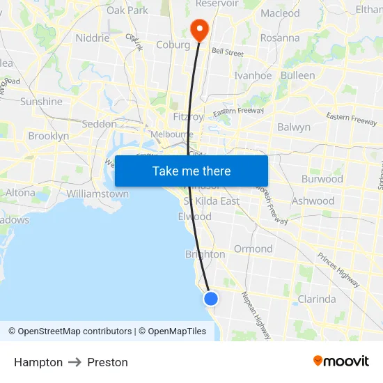 Hampton to Preston map