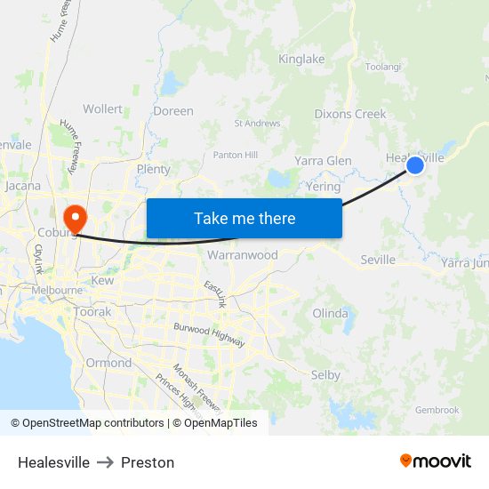 Healesville to Preston map