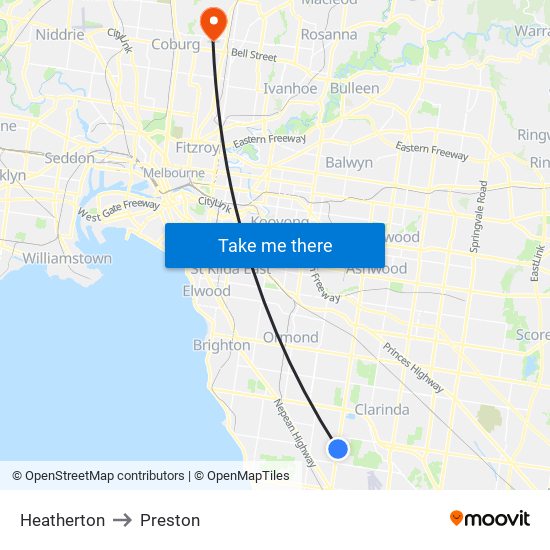 Heatherton to Preston map