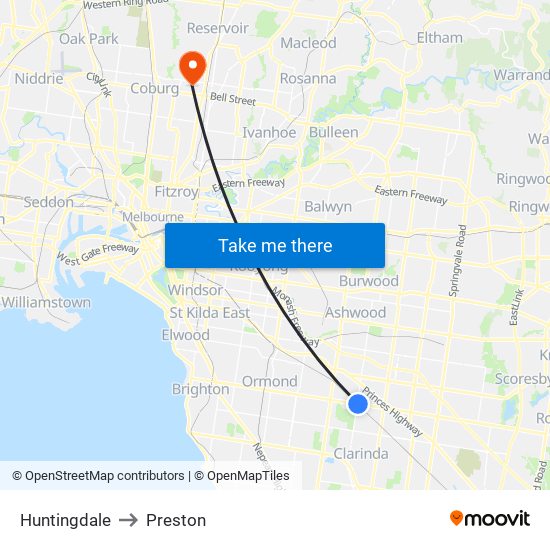 Huntingdale to Preston map