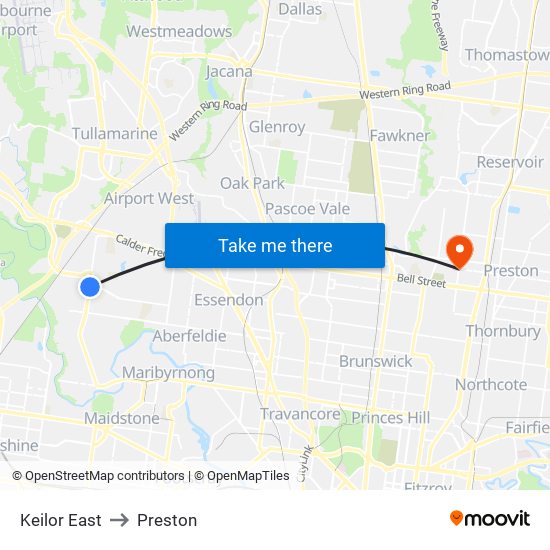 Keilor East to Preston map