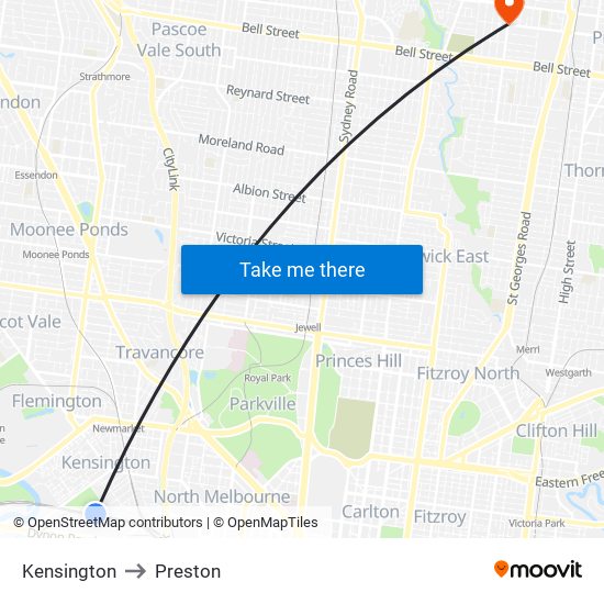 Kensington to Preston map