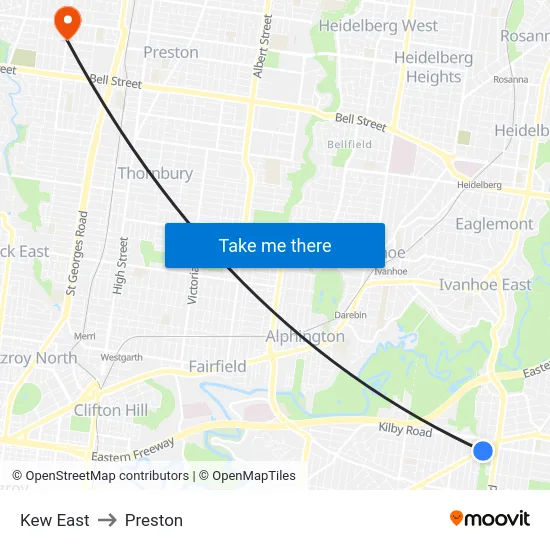 Kew East to Preston map
