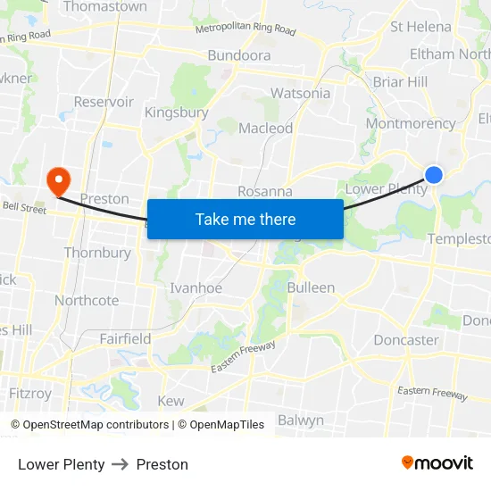 Lower Plenty to Preston map