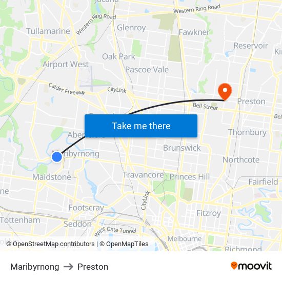 Maribyrnong to Preston map