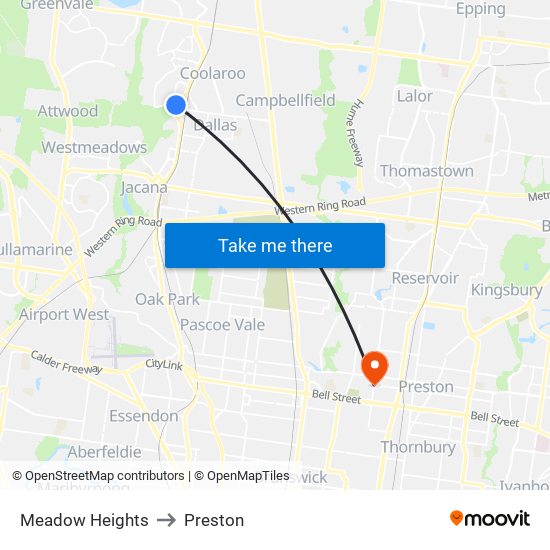 Meadow Heights to Preston map