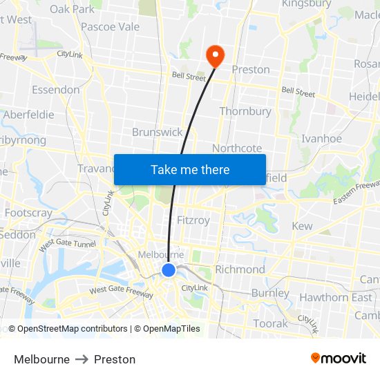 Melbourne to Preston map