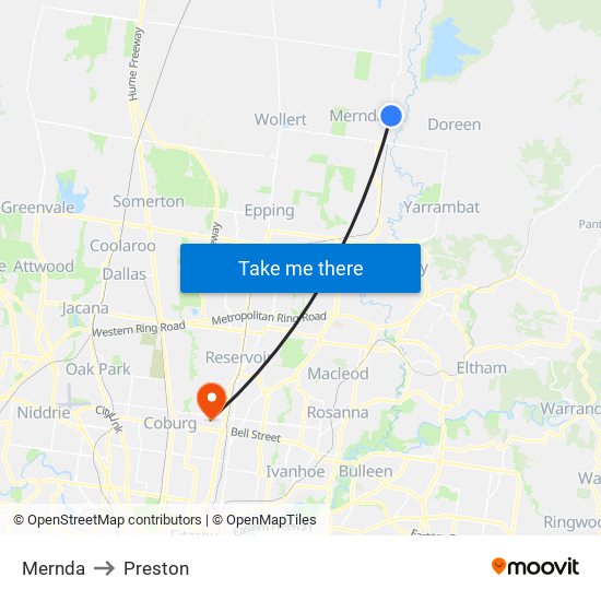 Mernda to Preston map