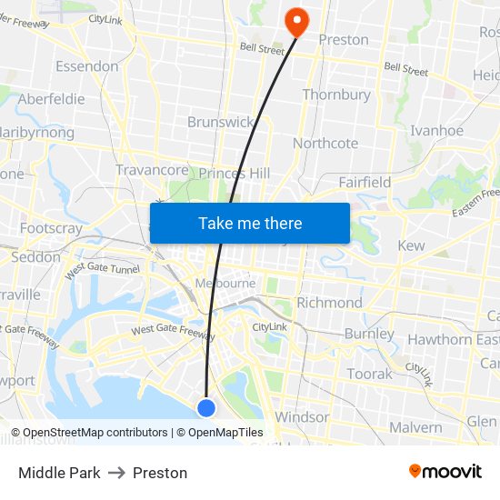 Middle Park to Preston map