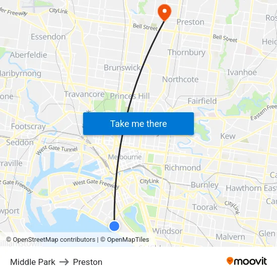 Middle Park to Preston map