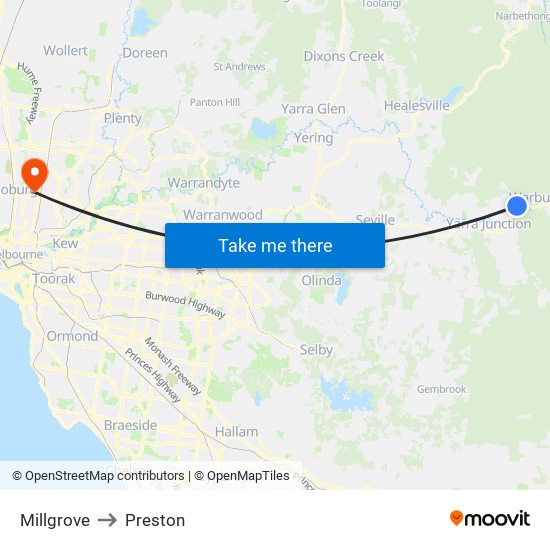 Millgrove to Preston map