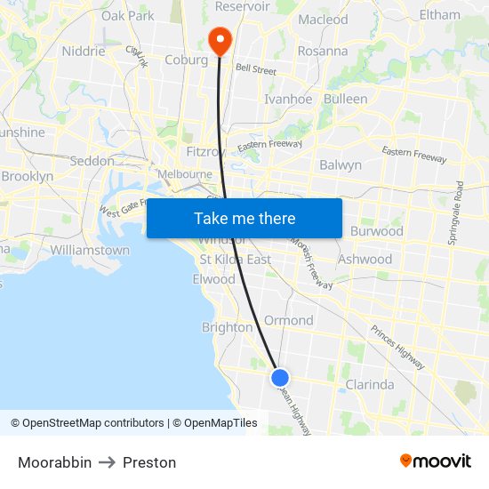Moorabbin to Preston map