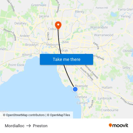 Mordialloc to Preston map