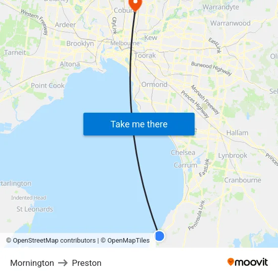 Mornington to Preston map